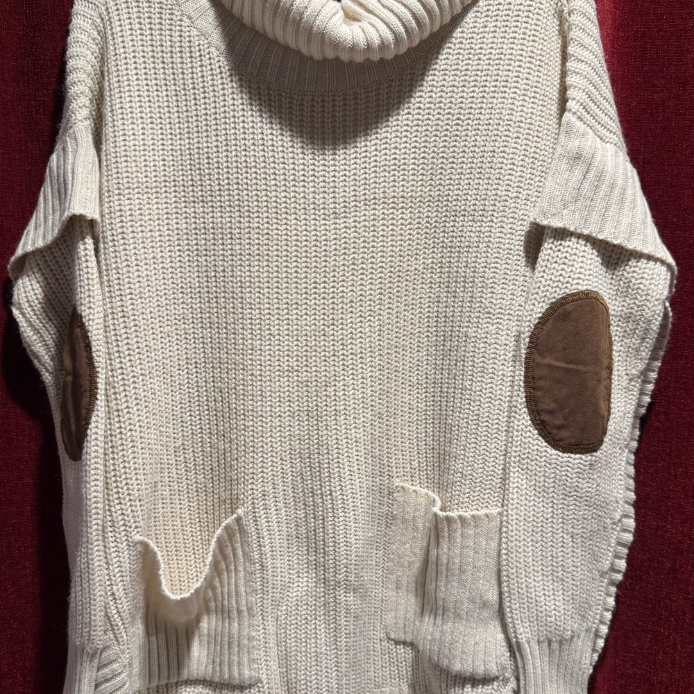 Alya Cream Turtleneck Sweater with Brown suede elbow Patches